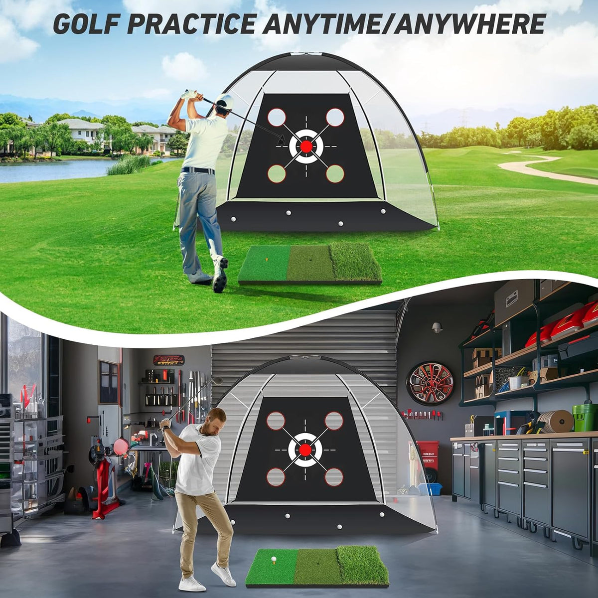 KLAODOT Golf Net with Practice Mat, 10 x 7 FT Golf Hitting Net with Multi-Target Pockets, 3-in-1 Turf Mat, 5 Balls, Rubber Tee, Stakes & Carrying Bag