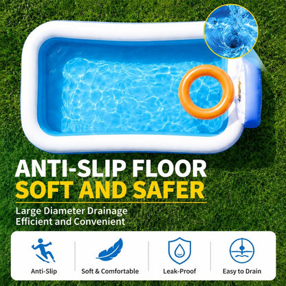 Inflatable Swimming Pool, 120" x 72" x 24", 380-Gallon Rectangular Family Pool with Thickened PVC, Anti-Slip Inflatable Floor for Kids & Adults, Backyard Garden Lawn