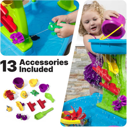 Step2 Rain Showers Splash Pond Toddler Water Table, Outdoor Kids Water Sensory Table with 13-Piece Water Toy Accessories, STEM Water Play, Ages 18+ Months, Blue & Green