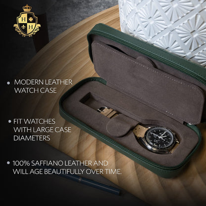 HOUSEOFHIGGINS Double Travel Watch Case for 2 Watches, 100% Saffiano Leather with Soft Microfiber Lining, Slim Watch Storage Organizer, Fits Watches up to 46mm, Green
