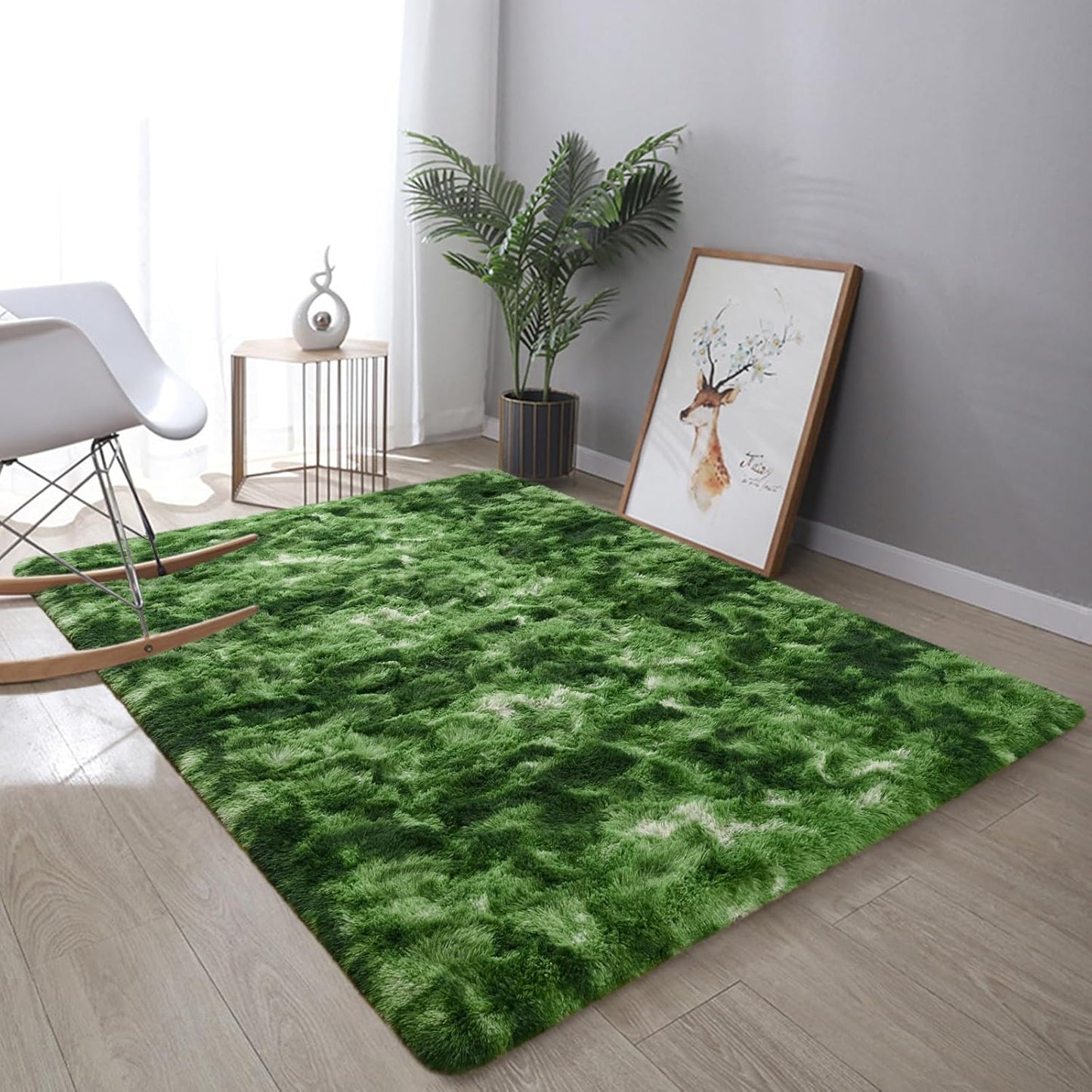 DweIke Fluffy Dark Green Rugs for Bedroom Living Room, 6x9 Large Soft Plush Shaggy Tie-Dyed Forest Moss Green Girls Boys Kids Rug, Non-Slip and Machine Washable Carpet for Dorm Nursery Decor
