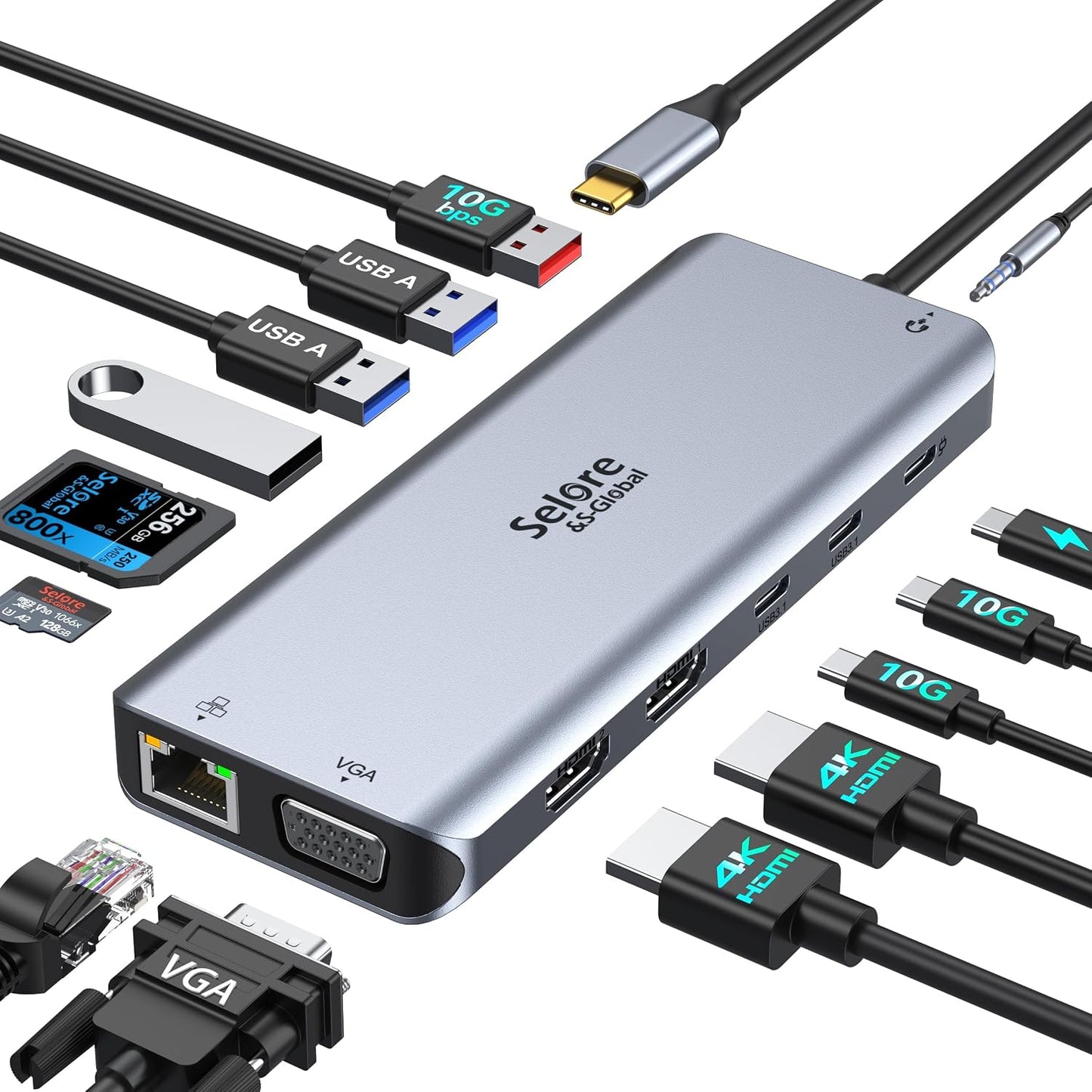 Selore USB C Docking Station Dual Monitor, 14-in-1 Laptop Docking Station Docking Station 3 Monitors with 2 HDMI, VGA, 10G USB A/C, 100W PD, 6 USB A/C Ports, USB C Hub Multiport Adapter for Windows