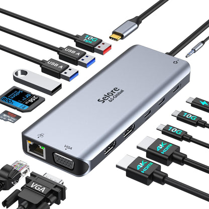 Selore USB C Docking Station Dual Monitor, 14-in-1 Laptop Docking Station Docking Station 3 Monitors with 2 HDMI, VGA, 10G USB A/C, 100W PD, 6 USB A/C Ports, USB C Hub Multiport Adapter for Windows