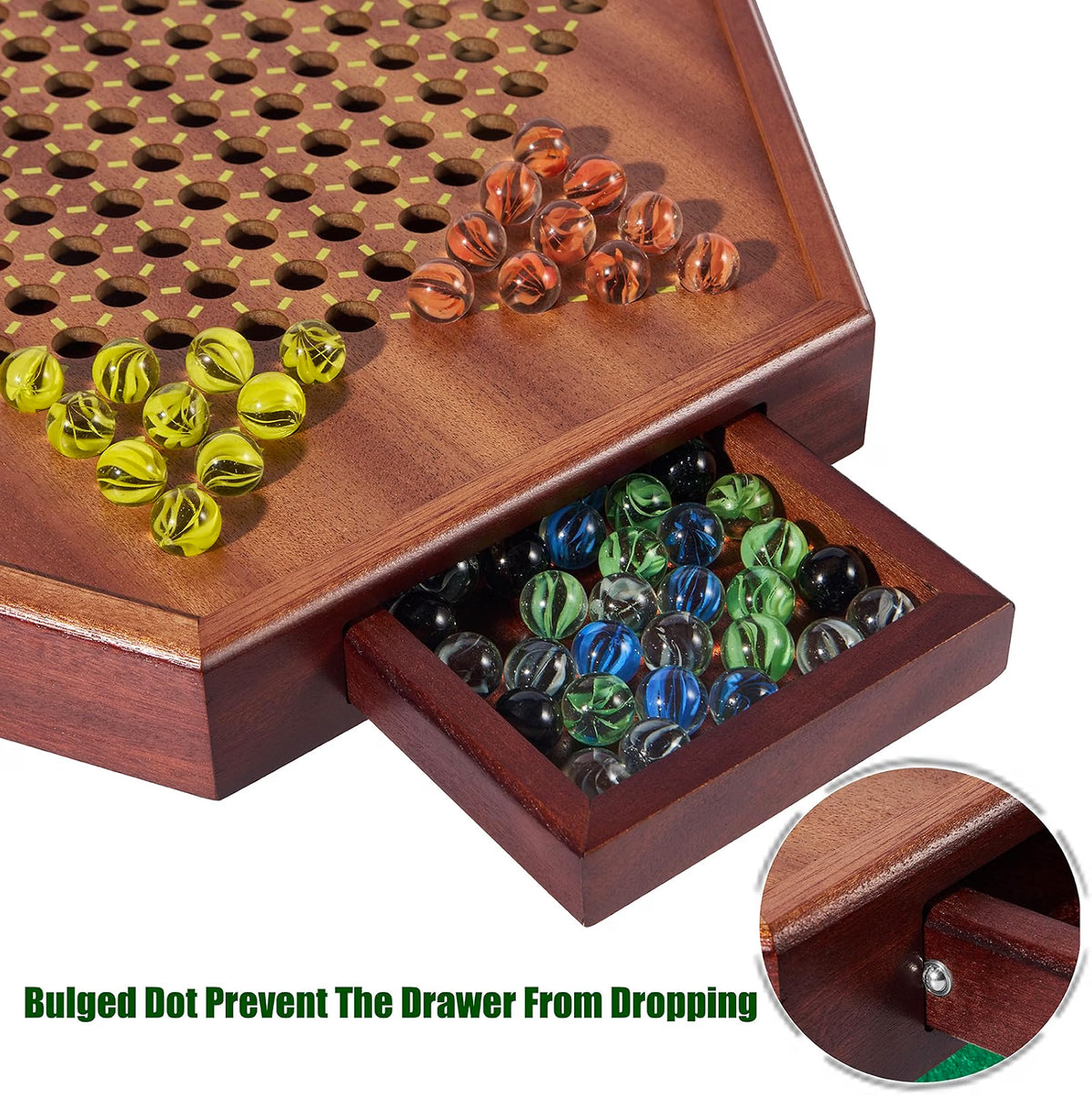 Vamslove Chinese Checkers 15-Inch Large Wooden Game Board, 72 Colorful 16mm Glass Marbles, 1-6 Player Family Board Game with Storage Drawer