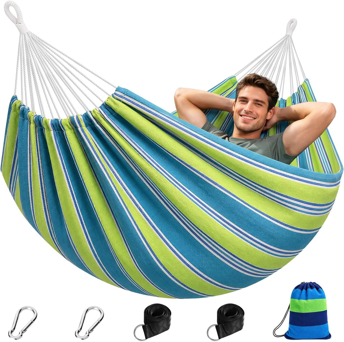 DeeprBetter Cotton Camping Hammock for Outside, Portable Single Hammock with Tree Straps & Carabiners, 420-Lb Capacity, 106" x 59", Green
