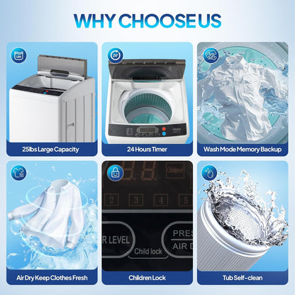 ROVSUN 25LBS Portable Washing Machine, Full-Automatic Electric Laundry Machine with Stainless Steel Drum, Compact Washer and Spin Dryer Combo with Drain Pump for Home, Apartment