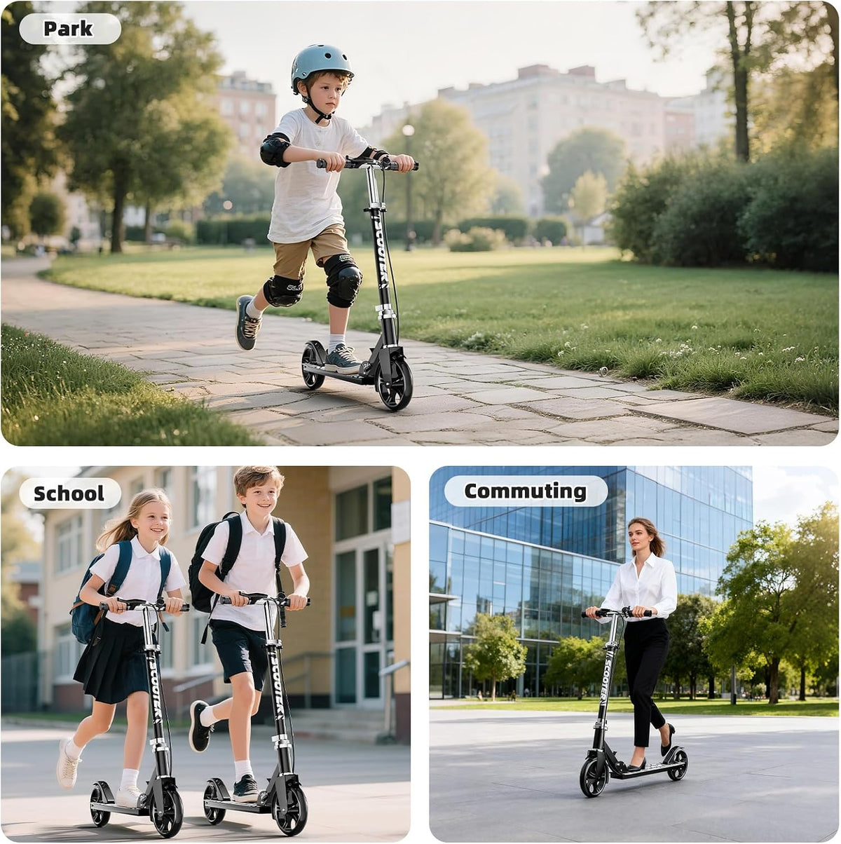 GRENYX Kick Scooter for Kids 8-12, Teens & Adults, Foldable 8-Inch Big Wheel Scooter with Hand & Foot Brakes, Bell, Adjustable Handlebar, 240-LB Capacity, Black