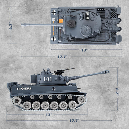 Supdex 1:18 RC Tiger I Military Tank, Alloy Metal Tracks & Wheels, 2.4GHz Remote Control Tank with Smoke, Sound & Lights, Rechargeable Toy Vehicle for Ages 8+, Grey