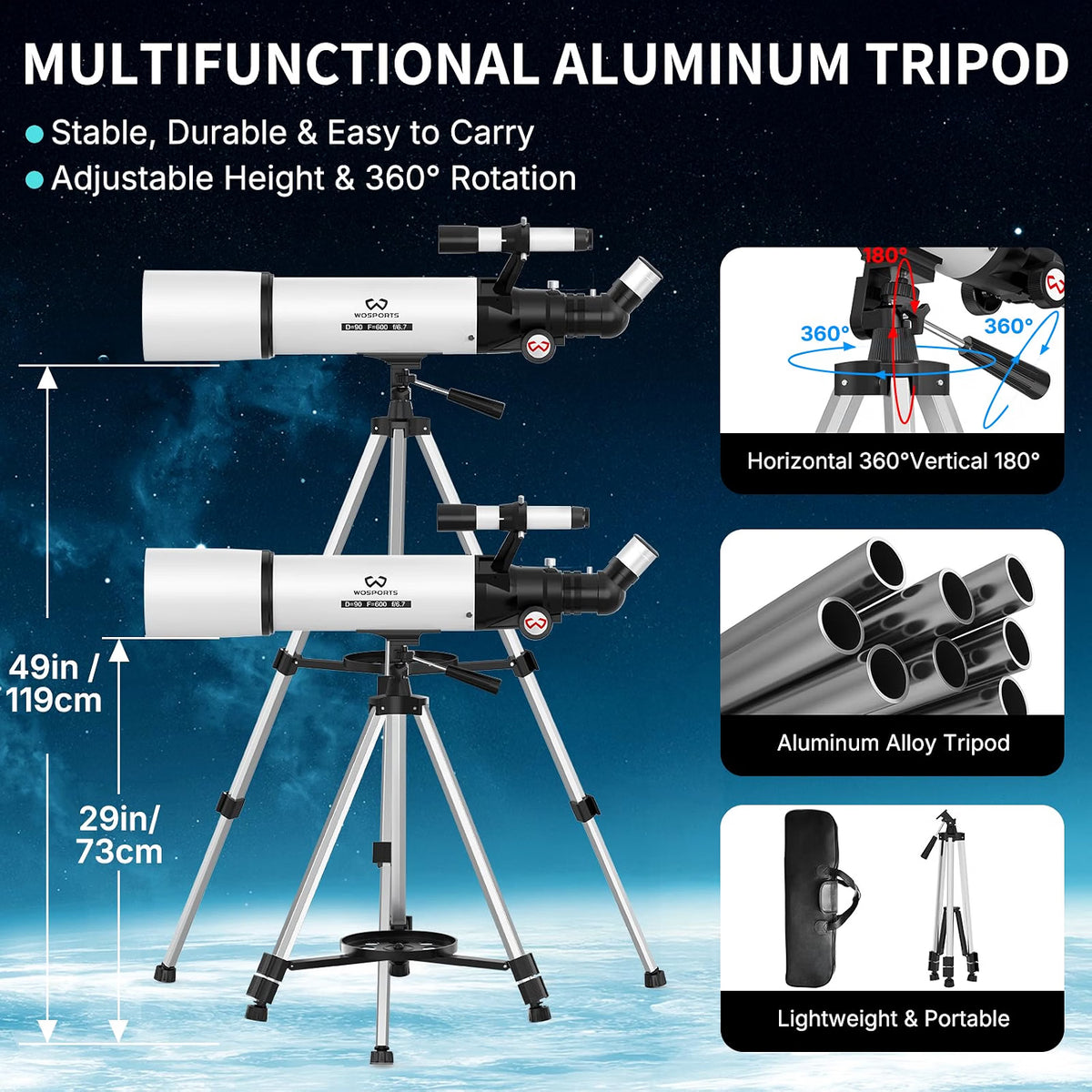 WOSPORTS 90mm Telescope for Adults & Beginners, 600mm Refractor Telescope with 180X Magnification, 10mm & 25mm Eyepieces, Adjustable Tripod, Phone Adapter & Carrying Case