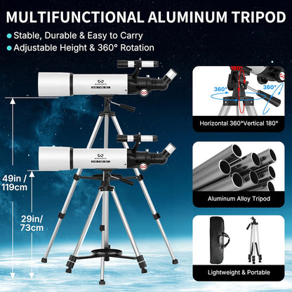 WOSPORTS 90mm Telescope for Adults & Beginners, 600mm Refractor Telescope with 180X Magnification, 10mm & 25mm Eyepieces, Adjustable Tripod, Phone Adapter & Carrying Case