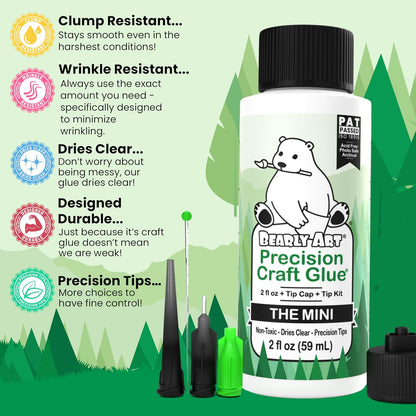 Bearly Art Precision Craft Glue Mini, 2 fl oz Archival Arts & Craft Glue with Precision Tip Kit, Clear-Drying Strong Adhesive for Paper, Cardboard & Glitter