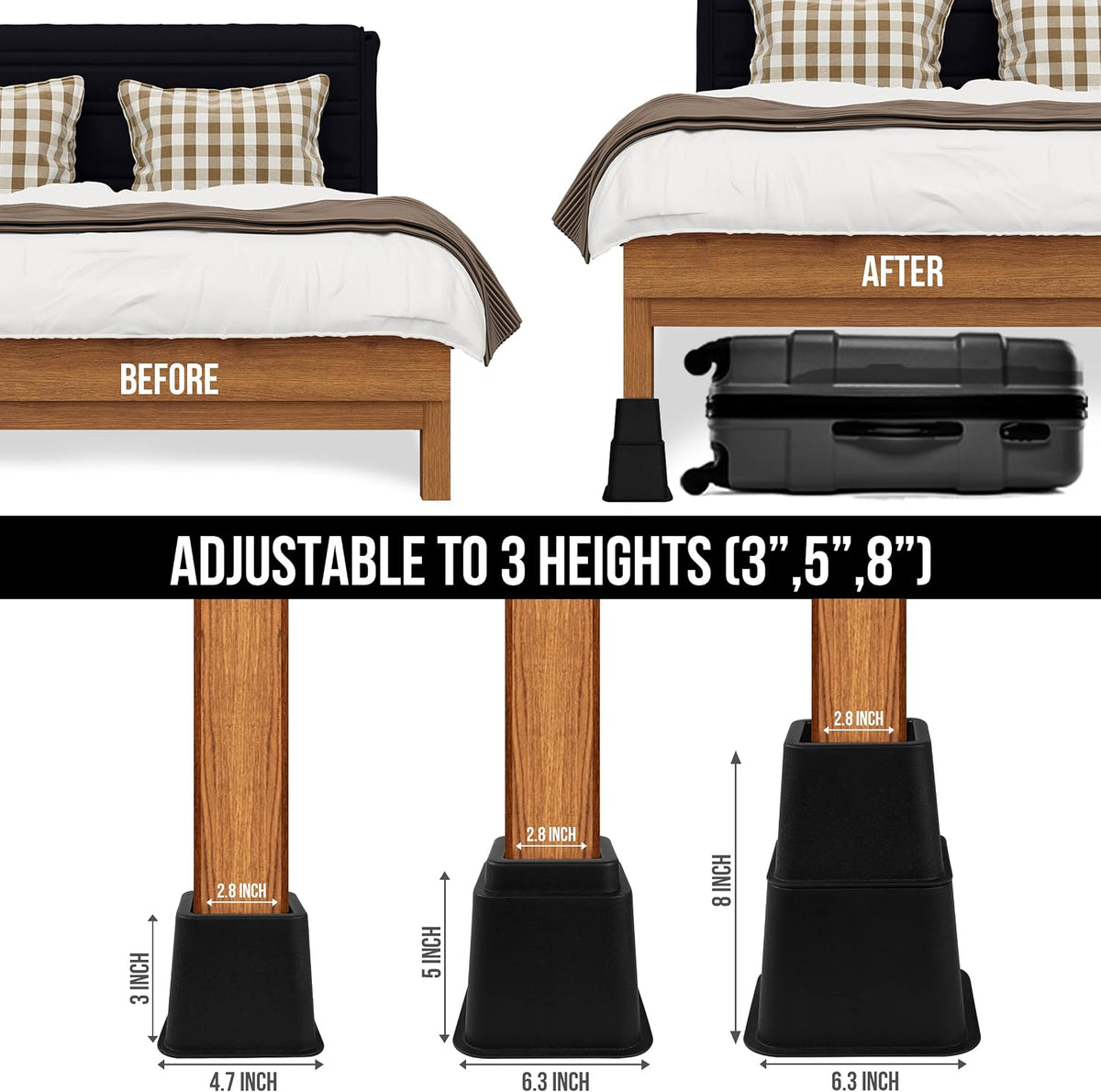 Utopia Bedding Bed Riser, 3 & 5 Inches Adjustable Furniture Risers for 8 Inch Combined Furniture Lift, Under Bed Storage & Dorm Room Essential, Supports Up to 1,300 lbs (36 Set, Black)