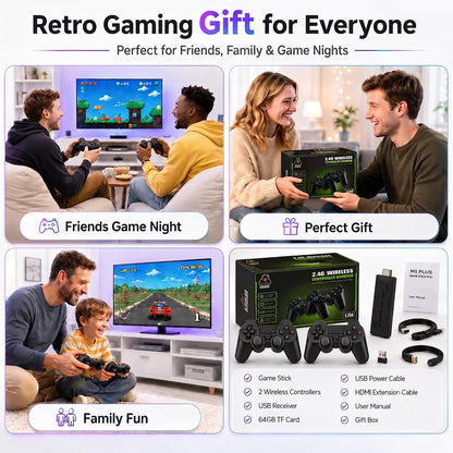 M8 Plus Retro Game Console Stick, 20000+ Classic Video Games Built-in 64GB, 23 Emulators Plug and Play TV Game Stick with Dual 2.4G Wireless Controllers, 4K HDMI Output for TV/Monitor/Projector