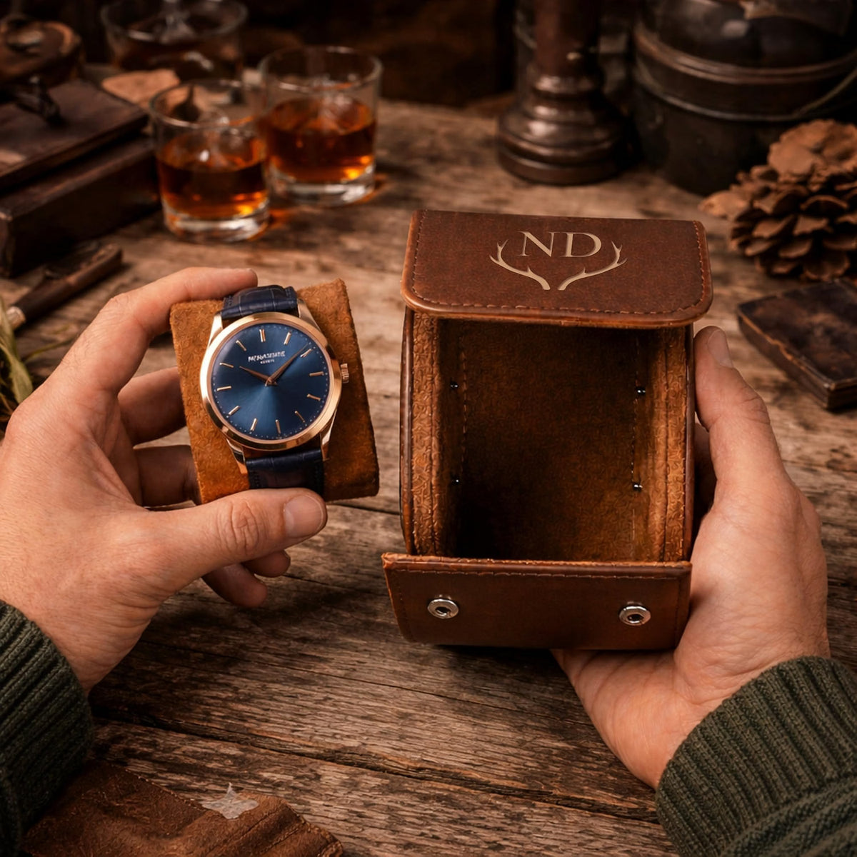 KORDELIA Personalized Leather Watch Case for Men, Custom Engraved Watch Roll & Jewelry Organizer with Velvet Interior, Travel Watch Holder Gift for Him