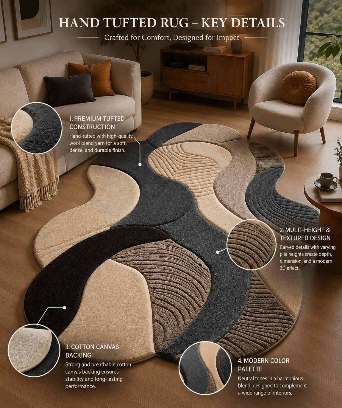 Hand Tufted Wool Area Rug 5x8 ft – Modern Abstract Geometric Pattern Carpet, Soft, Cozy & Fluffy Handmade Indoor Floor Rug for Living Room, Bedroom, Dining Room, Office & Contemporary Home Décor