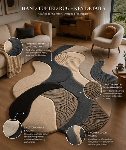 Hand Tufted Wool Area Rug 5x8 ft – Modern Abstract Geometric Pattern Carpet, Soft, Cozy & Fluffy Handmade Indoor Floor Rug for Living Room, Bedroom, Dining Room, Office & Contemporary Home Décor