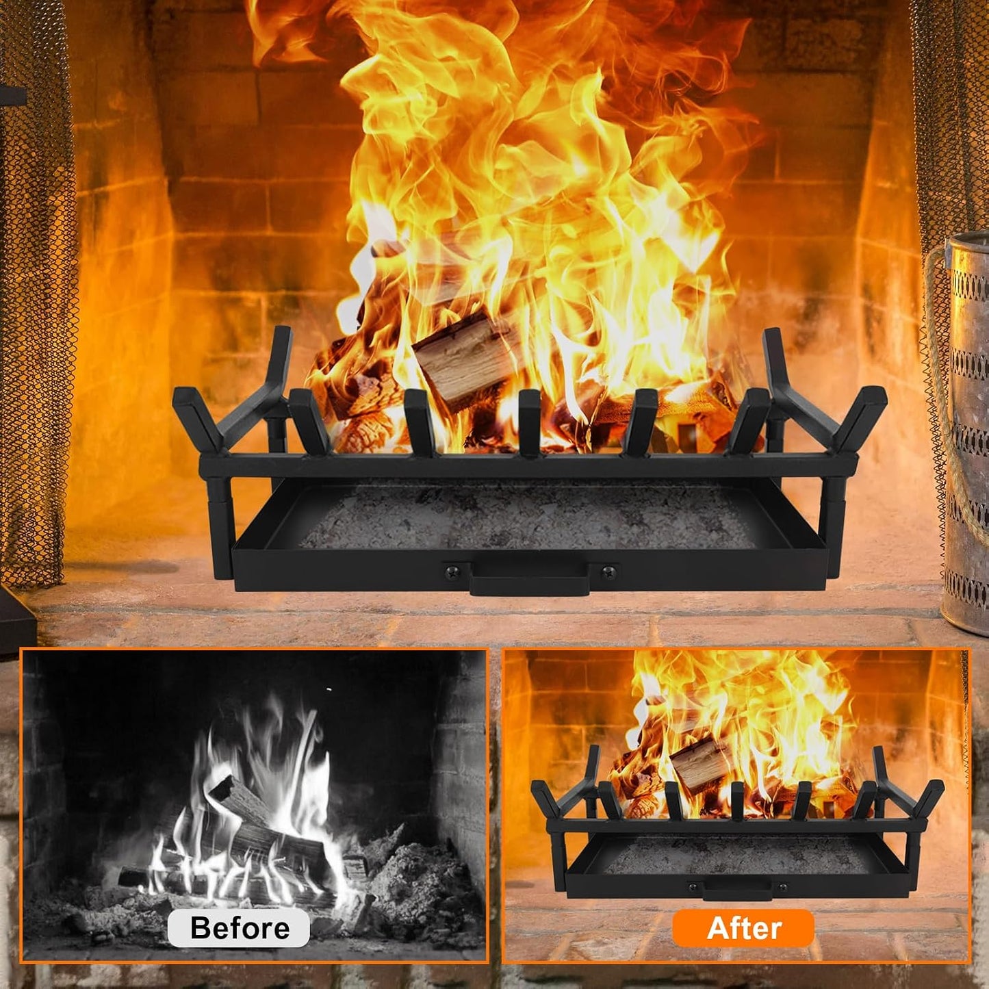 Fireplace Grate with Ash Pan & Log Holder, 20 inch Heavy-Duty Cast Iron,Fireplace Log Holder for Ash Catching, Log Holding,Fire Pit,Wood Burning Stove,Indoor Outdoor
