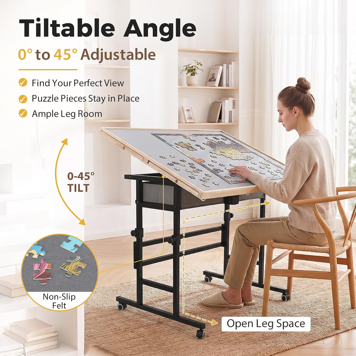 BuilderButler Puzzle Table for 2000 Pieces, 40.16" x 28.5" Adjustable Height & 45° Tilting Jigsaw Board with Wheels, 4 Wooden & 2 Fabric Drawers, Protective Cover