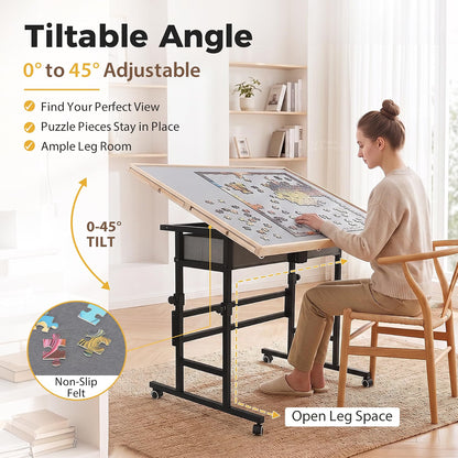BuilderButler Puzzle Table for 2000 Pieces, 40.16" x 28.5" Adjustable Height & 45° Tilting Jigsaw Board with Wheels, 4 Wooden & 2 Fabric Drawers, Protective Cover