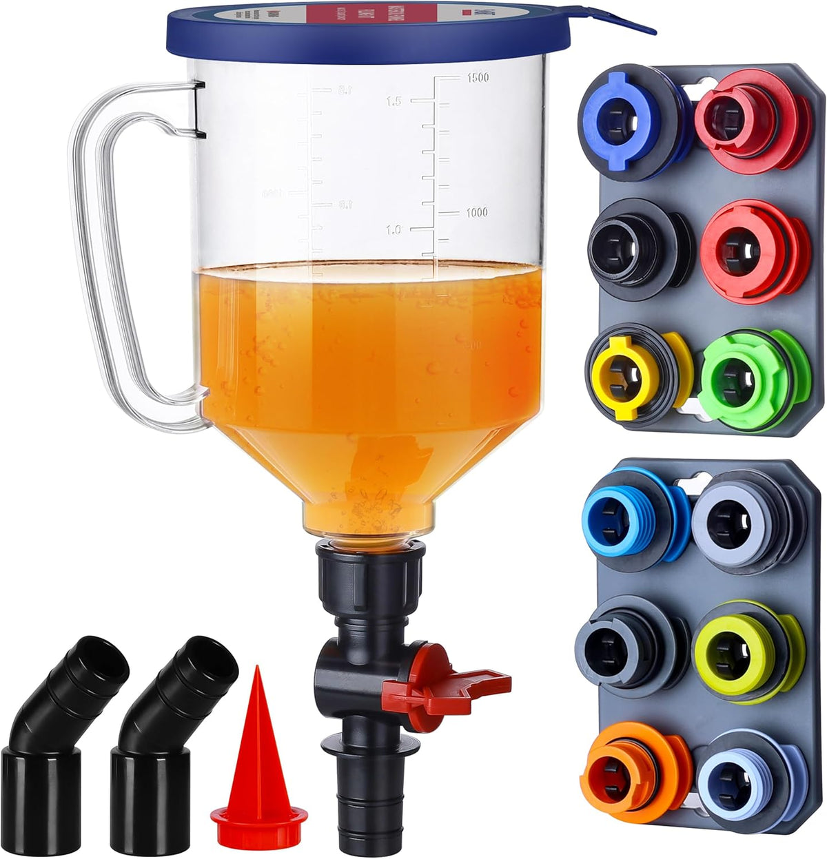 SMART JERRY Engine Oil Funnel Kit, Spill-Proof Oil Change Funnel with 12 Adapters, 1.6-Quart Capacity, Flow Control Valve, Magnetic Organizer Boards & 45° Elbows