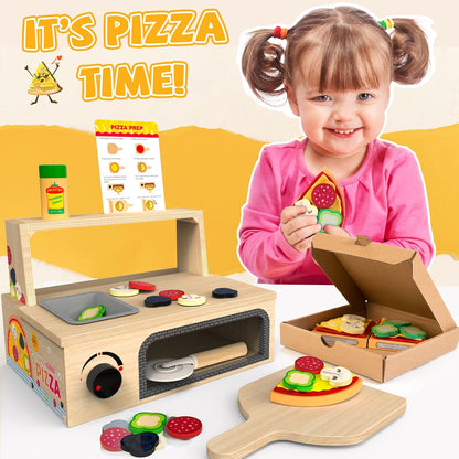 WOODMAM Wooden Pizza Toy, 48-Piece Montessori Pretend Play Food Set with Rotating Pizza Counter & Oven, Play Money & Menu for Kids Ages 3+, Multicolor