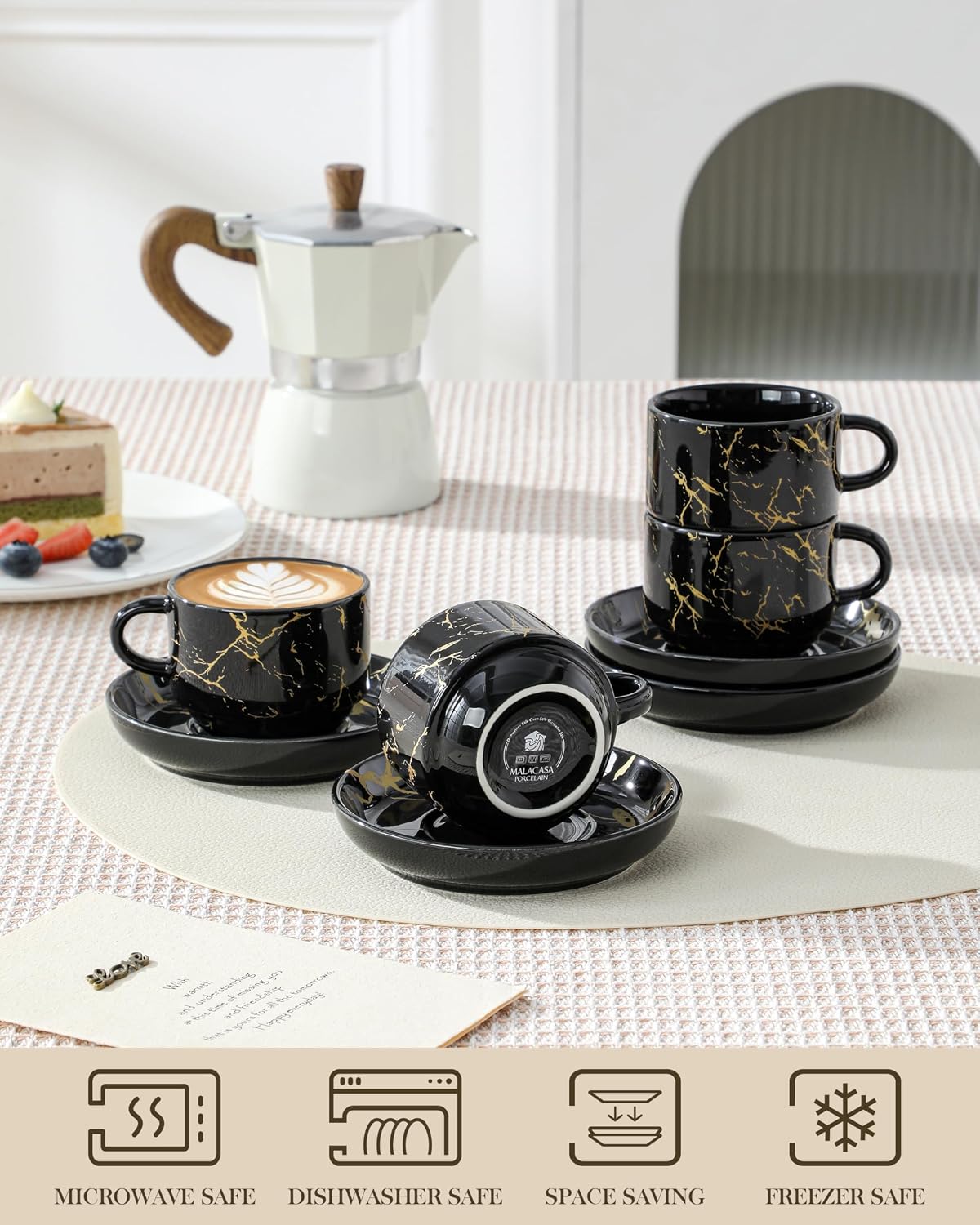 MALACASA Porcelain Espresso Cups Set of 4, with Saucers and Metal Stand, 4 Ounce Stackable Cappuccino Cups, Expresso Shots Cup Ceramic Demitasse Mugs, Marble Black