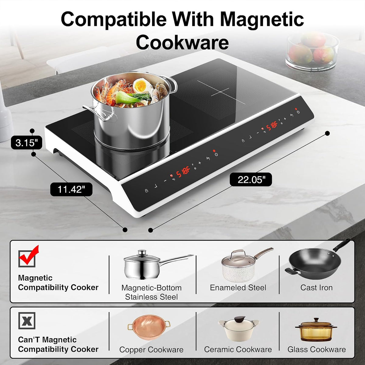 GIHETKUT Double Induction Cooktop, 4000W 2 burner Induction cooktop with LED Touch Screen 9 Levels Settings with Child Safety Lock & Timer 110V Electric burner with hot plate