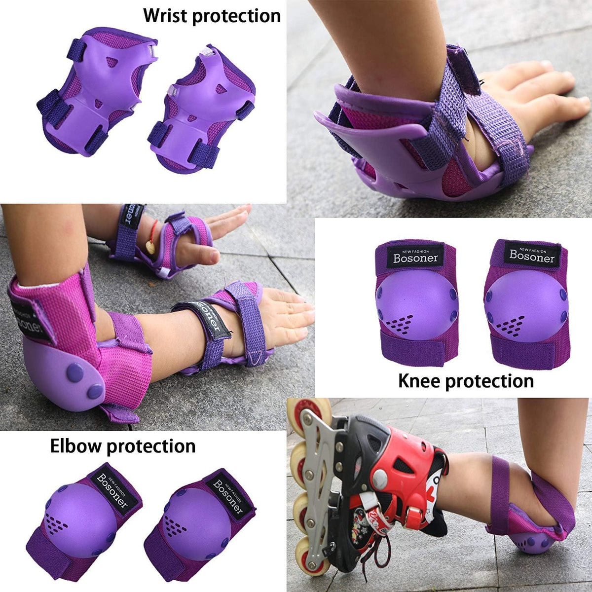 BOSONER Kids/Youth Knee Pads, Elbow Pads & Wrist Guards Set for Ages 3-15, Protective Gear for Roller Skating, Cycling, BMX, Skateboarding & Scooter Riding, Blue