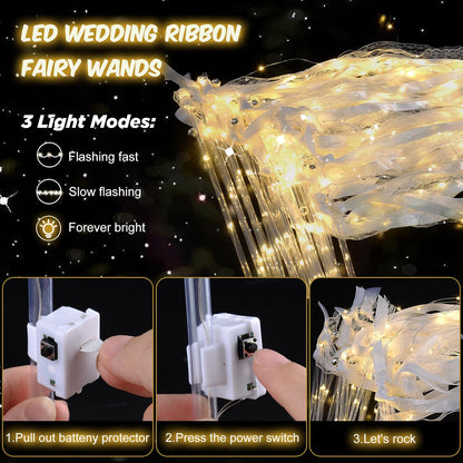 HONLYNE 100PCS Light Up Wedding Wands, LED Fairy Ribbon Wands with Bells, 3 Flashing Modes, Warm White Wedding Send-Off Streamers for Parties, Concerts & Celebrations