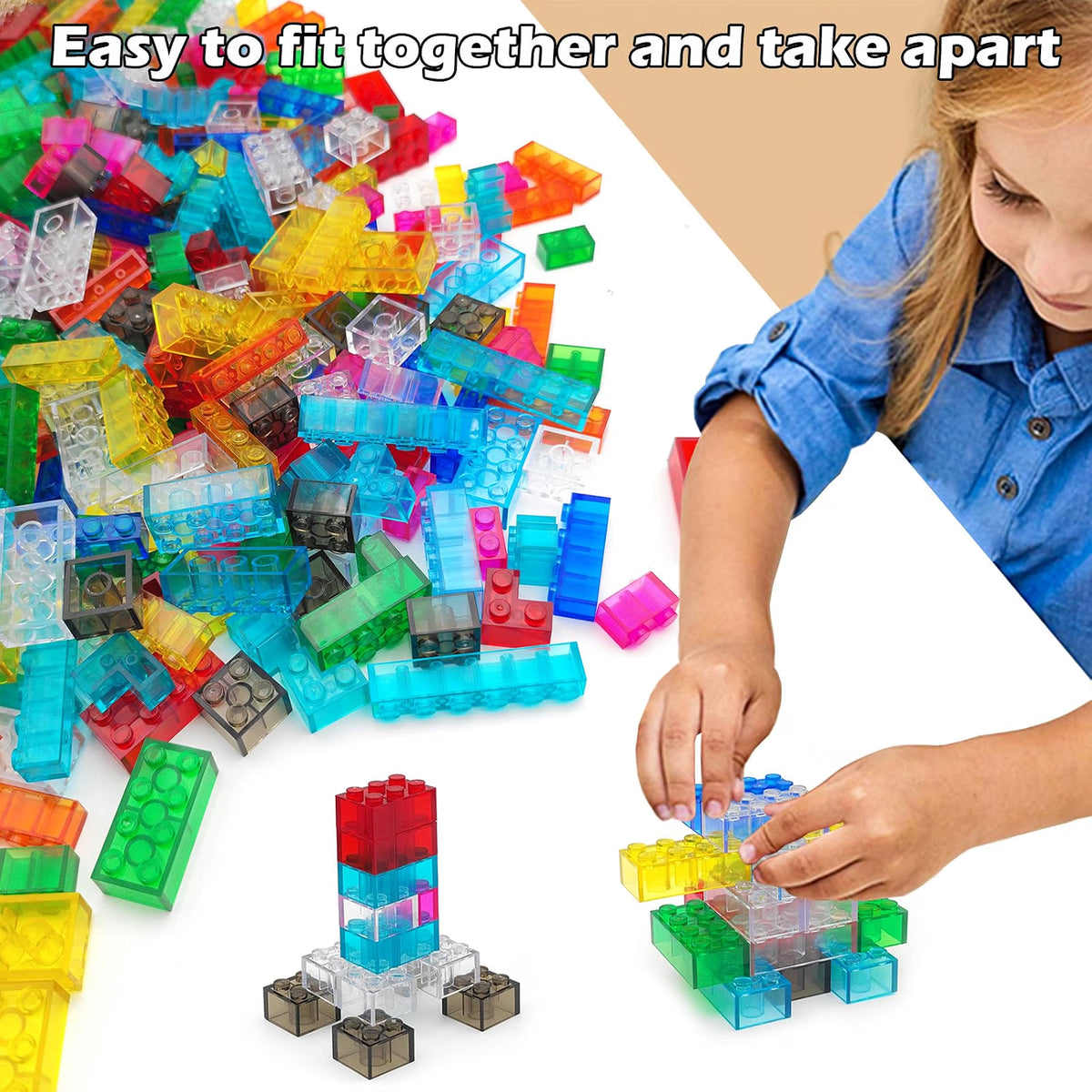 CONVENTEJOY 400-Piece Translucent Building Bricks, 9-Color Crystal-Clear Classic Building Block Set, Compatible Construction Toy for Kids Ages 6+, Educational STEM Toy