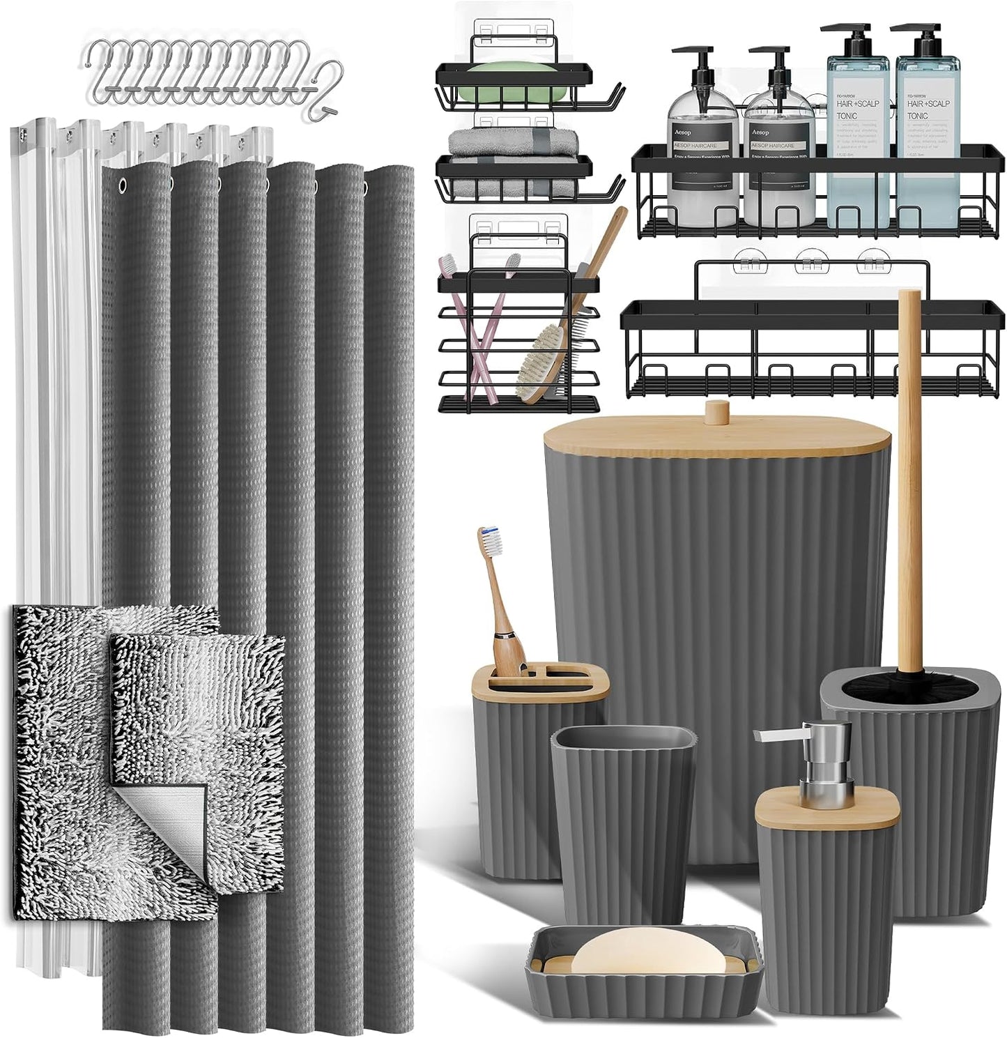 Clara Clark Black Bathroom Set, Shower Curtain Set, Bathroom Accessory Set