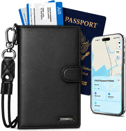 Trackable Passport Holder for Travel, RFID Blocking Wallet, Black Premium Pebbled PU Leather Cover, Works with Apple Find My, Is MFi Certified, for iOS Devices Only, with Card Slots & Lanyard