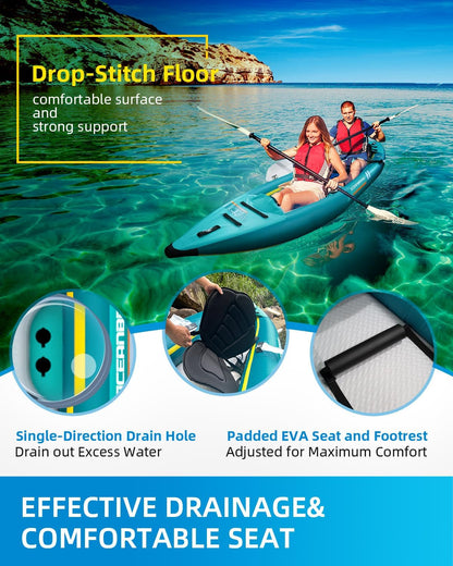 OCEANBROAD V420 Inflatable Sit-In Kayak, 2-Person Touring Kayak with Drop-Stitch Floor, 308 lb Capacity, Padded Seats, Paddle, Pump & Carry Bag, Blue