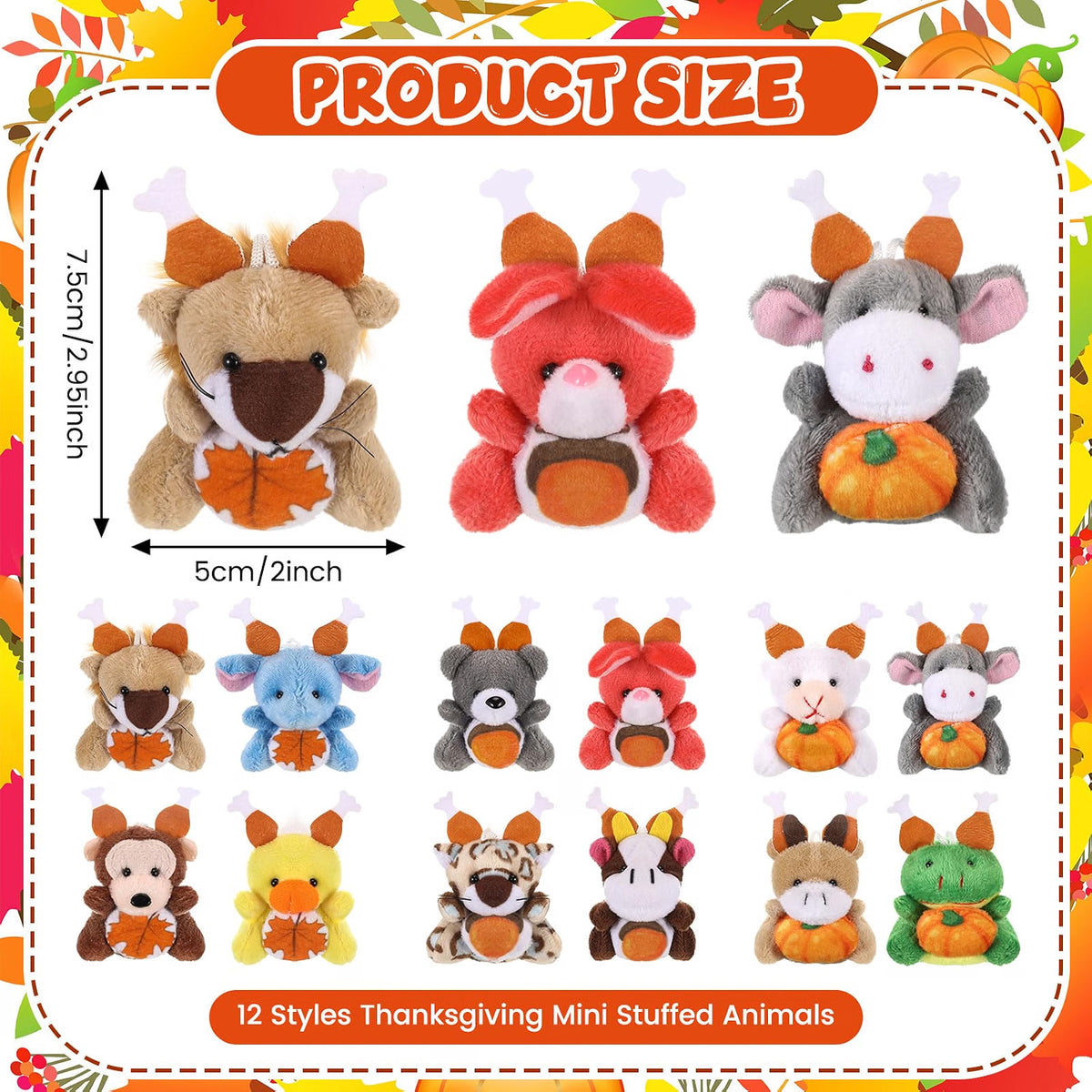 Blueweenly 24-Piece Mini Thanksgiving Stuffed Animal Bulk Set, 12 Fall Animal Designs, Small Plush Keychain Ornaments for Party Favors, Gifts & Fall Decorations