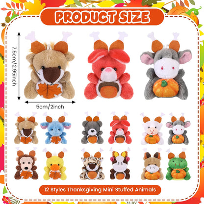 Blueweenly 24-Piece Mini Thanksgiving Stuffed Animal Bulk Set, 12 Fall Animal Designs, Small Plush Keychain Ornaments for Party Favors, Gifts & Fall Decorations