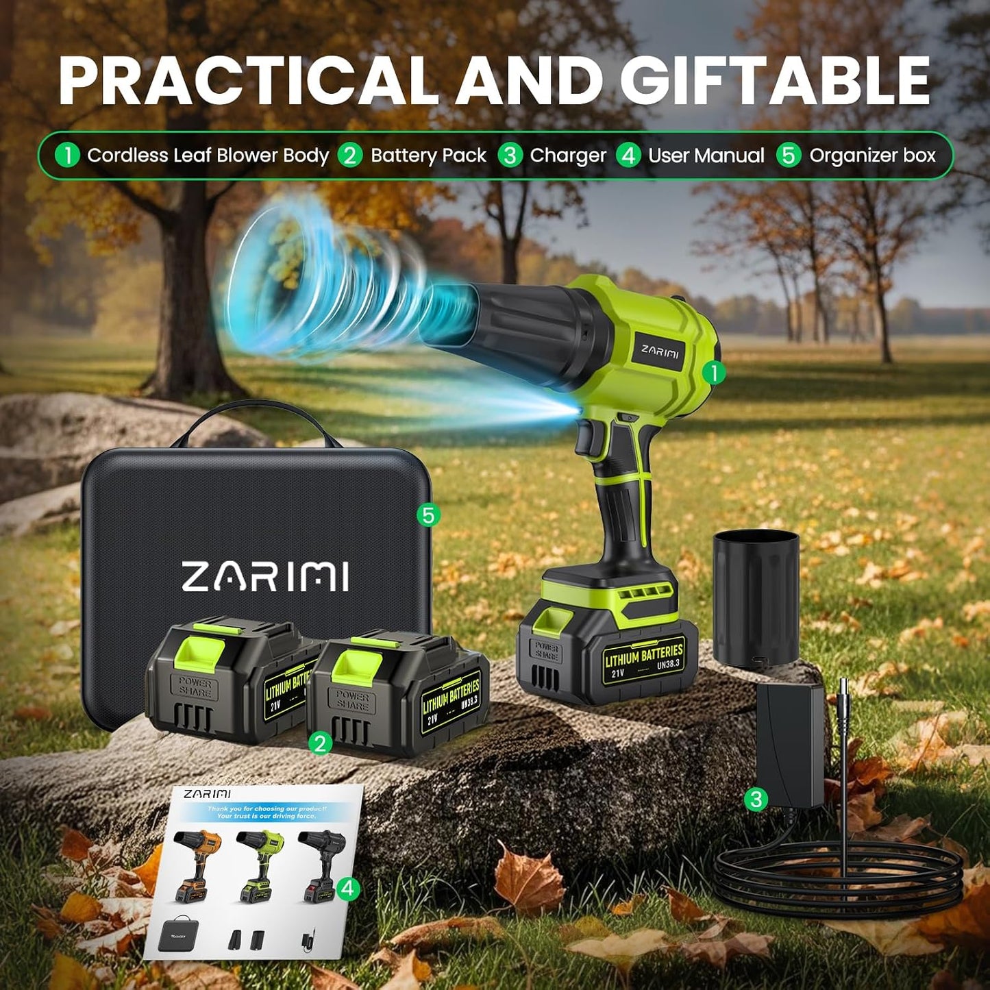YUQUESEN Cordless Leaf Blower, 980,000 RPM Handheld Leaf Blower with 2 Batteries & Charger, Lightweight Leaf Blowers for Patio, Lawn, Leaves, Dust - Bright Green