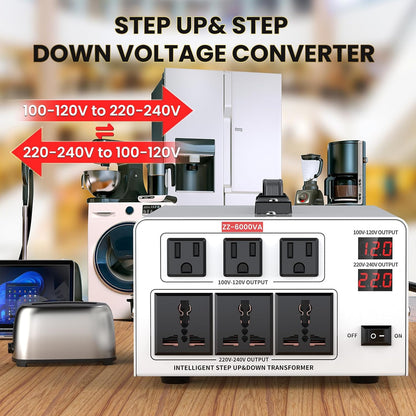 6000VA Step Up/Down Voltage Transformer Converter 110/120V to 220/240V Auto Input Recognition,3 US & 3 Universal Outlets, LCD Display,for Home Appliances,International Travel, Workshop, Power Tool
