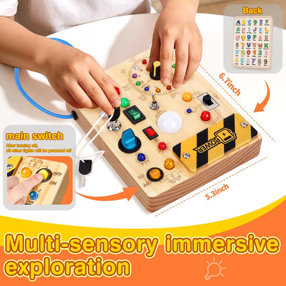 Grarain Montessori Busy Board for Toddlers Ages 1-3, Interactive Wooden Sensory Activity Board with 23 LED Lights, Clock & Alphabet Learning Toy, Travel-Friendly Educational Toy