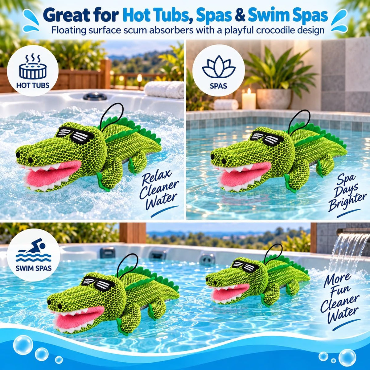 Crocodile Hot Tub Scum Absorber, 2-Pack Reusable Washable Spa Sponge for Oil & Scum Removal, Floating Hot Tub Pool Cleaner with Suction Cup & Rope, Cute Crocodile Design