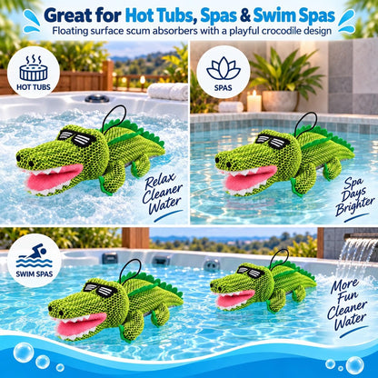 Crocodile Hot Tub Scum Absorber, 2-Pack Reusable Washable Spa Sponge for Oil & Scum Removal, Floating Hot Tub Pool Cleaner with Suction Cup & Rope, Cute Crocodile Design