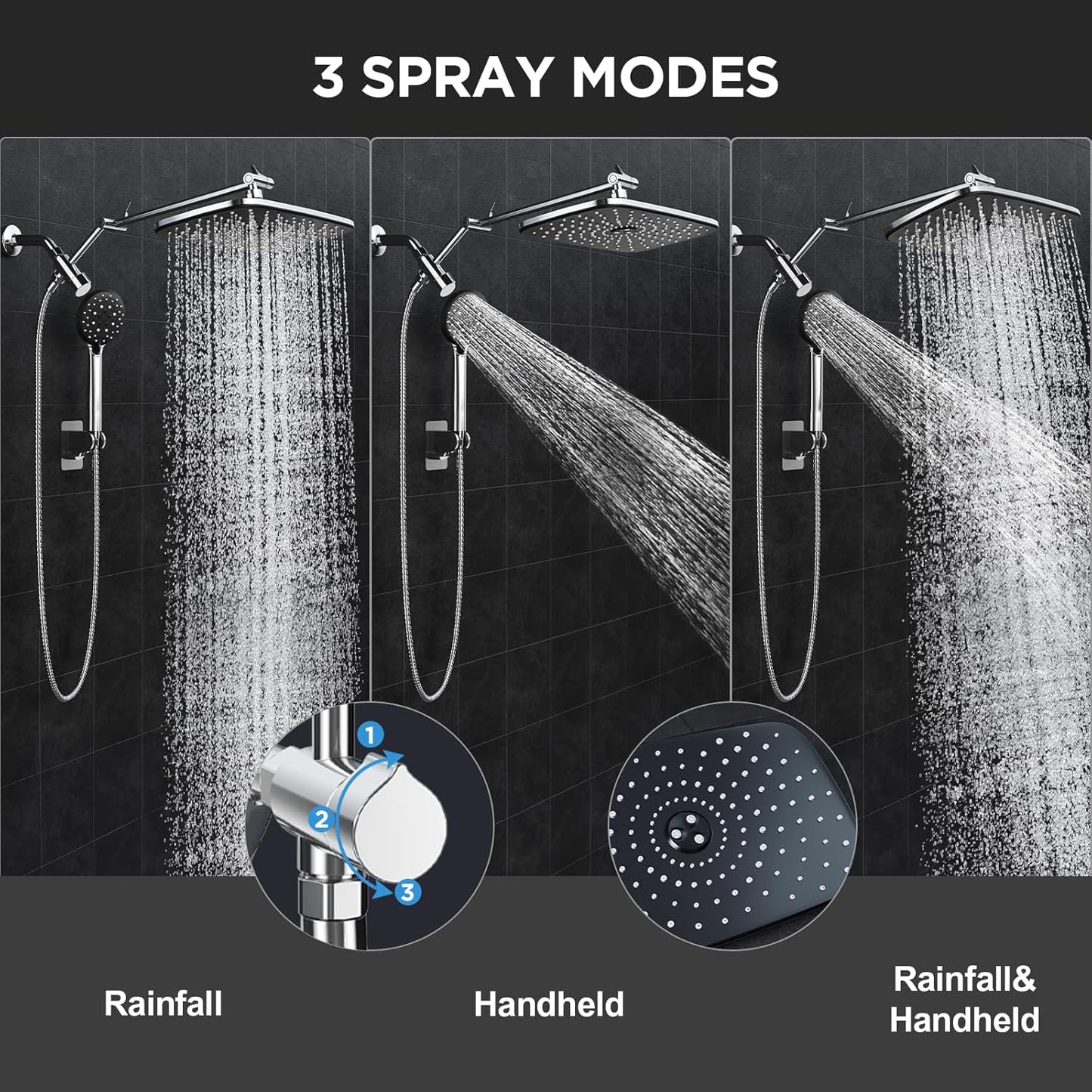 Veken 11.8" High Pressure Shower Head with Handheld, Metal Core Fittings