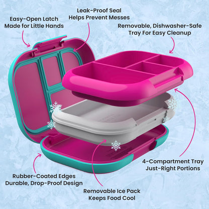 Kids 4-Compartment Bento Box with Built-In Ice Pack, Leakproof Lunch Box for School, Daycare & Travel