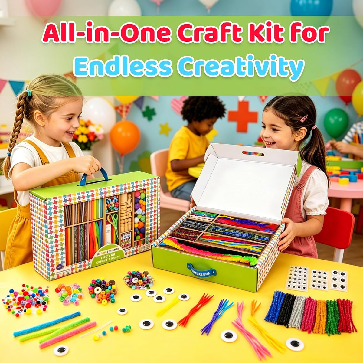 Kid Made Modern Arts and Craft Kit, Creative Essentials Craft Supply Library with Beads, Pom Poms, Pipe Cleaners, Sequins, Googly Eyes & More, DIY Art Kit for Kids Ages 8+