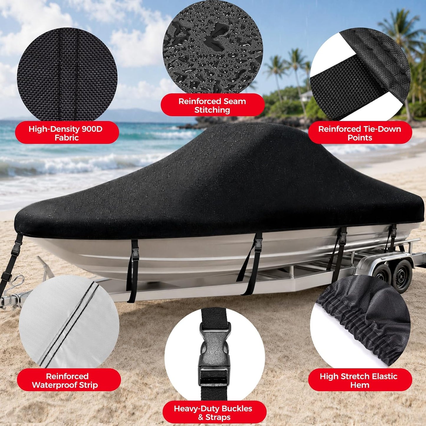 Horonaxo Boat Cover, 17-19ft 900D Waterproof V-Tri Hull, Up to 96" Beam Width, Heavy-Duty Trailerable Cover for Fishing, Runabout & Bass Boats