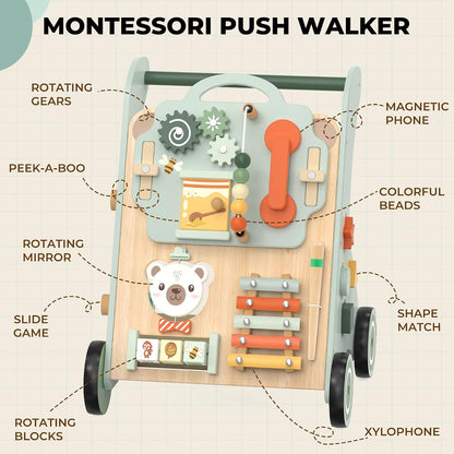 WOODMAM Push Baby Walker, Wooden Sit-to-Stand Learning Toy for 12M+ 10-in-1 Montessori Activity Center, Early Educational Push Toy, Detachable Busy Board, Adjustable Speed, Adorable Bear Design