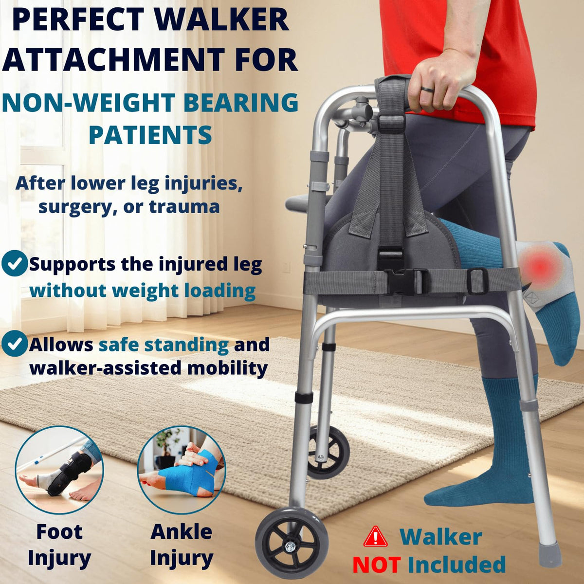 Knee Sling for Walker, Knee Support for Non Weight Bearing Alternative to Knee Scooter & Crutch for Surgery Recovery, Walker Accessories for Foot Injuries, Adjustable, Cushioned, Grey