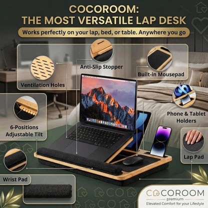 Lap Desk for Adults, Vented 6-Angle Laptop Bed Tray Table, Black Cushion pillow base | Phone & tablet holder | Foldable portable couch & sofa stand | Writing, reading, study, drawing, 17in