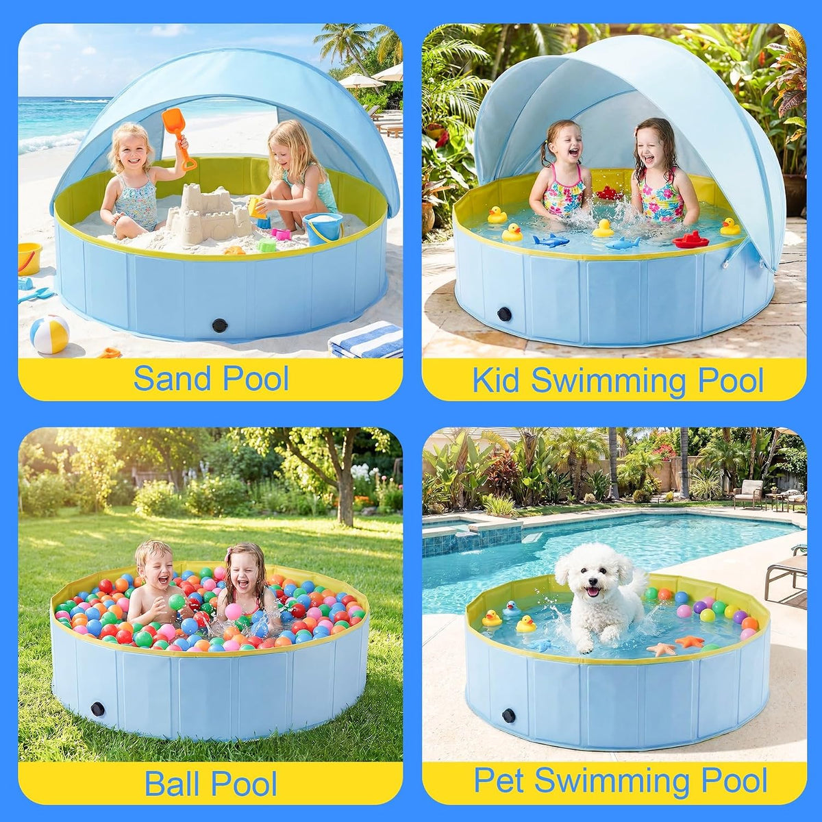 Kiddie Pool with Canopy, 63" Foldable Round Pool with Detachable UPF 50+ Sunshade, Non-Inflatable Swimming Pool with Anti-Slip Bottom for Kids, Pets & Outdoor Backyard, Blue
