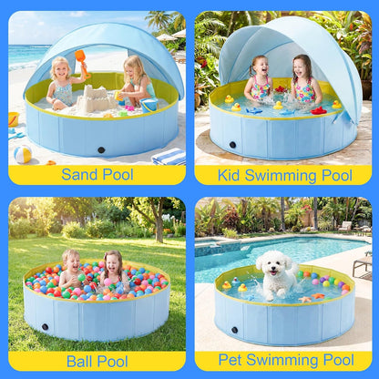 Kiddie Pool with Canopy, 63" Foldable Round Pool with Detachable UPF 50+ Sunshade, Non-Inflatable Swimming Pool with Anti-Slip Bottom for Kids, Pets & Outdoor Backyard, Blue