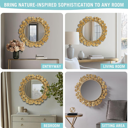 Martha Stewart Wall Décor Large Gingko Leaf Round Wall Mirror for Living Room, Iron Metal Plate Frame Antique Finish, Ready to Hang Bedroom Decoration, Eden, 30.5", Gold